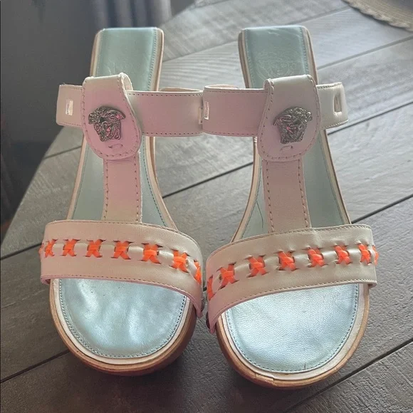 Versace Beige Leather Wood Platform Wedge - Picture 2 of 10